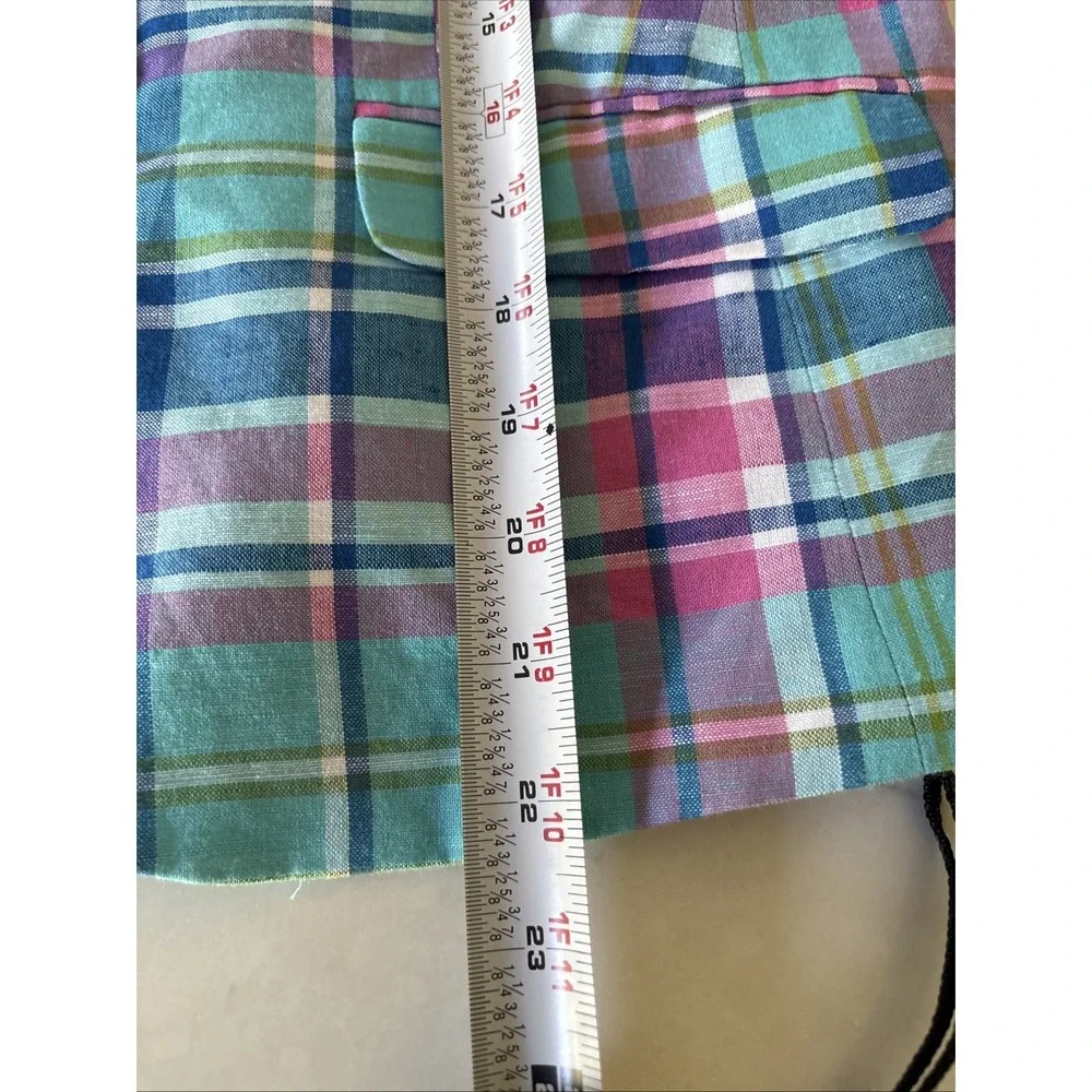 Talbots Womens 4P Madras Plaid Ruffle Sleeve Linen Blazer Teal Pink Plaid Lined